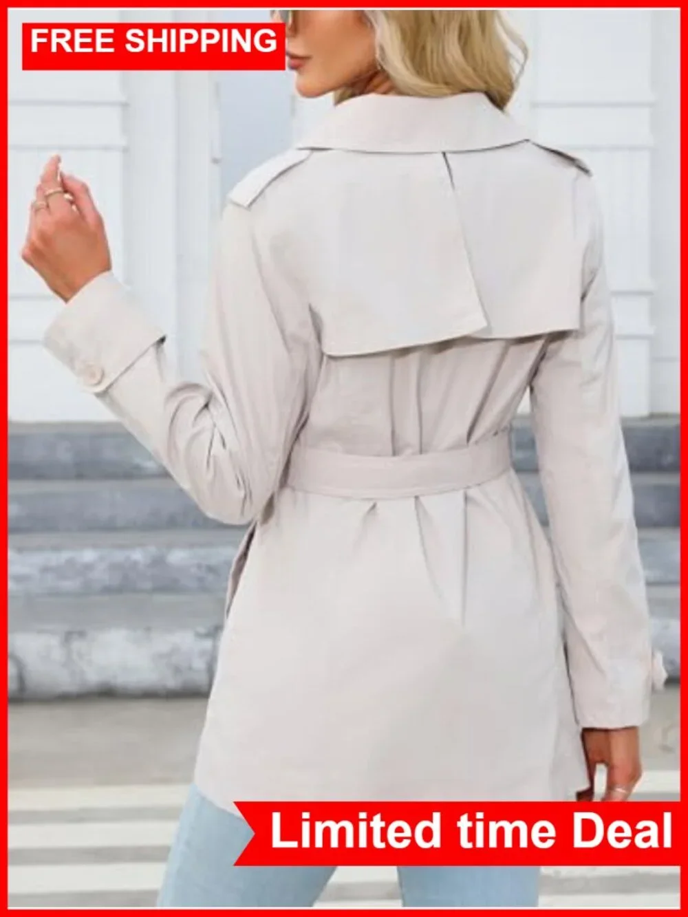 Women's Cropped Trench Coat Double Breasted Belted Jacket